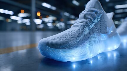 Poster - Innovative sneakers showcasing the intricate layers and textures of 3d printing technology, illuminated by soft ambient lighting in a modern factory setting, emphasizing the future of footwear