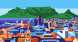 © meeblues - flat style picturesque illustration of the vibrant Cape Town cityscape featuring Table Mountain, skyscrapers, and a bustling waterfront with boats