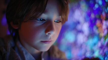Poster - A medium shot capturing a young readers focused face illuminated by a colorful holographic fairytale corner projecting interactive bilingual stories with the charming outoffocus