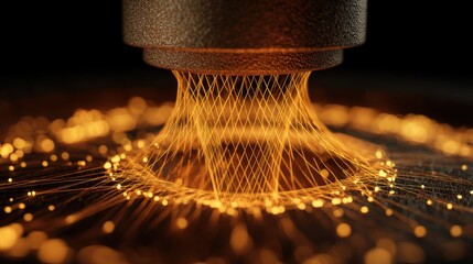 Poster - Extrusion nozzle of a 3d printer layers molten basalt material with a shimmering golden hue, showcasing an advanced printing process with intricate detail and precision
