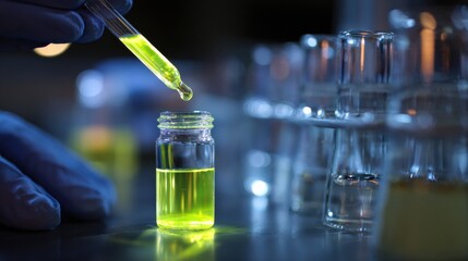 Poster - Closeup medium shot of chemical technician pouring luminescent solution into a vial focusing on the glowing lowIR marker dye with blurred lab glassware behind.