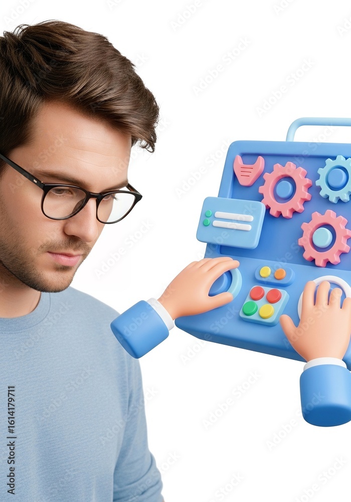 Focused man operates innovative 3D technology control interface with ...