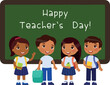 © Premium Shop - Happy teachers day greeting flat vector illustration. Dark skin schoolkids standing near blackboard in classroom cartoon character. Smiling pupils congratulate teachers. Educational holiday