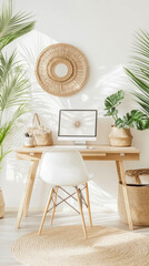 Poster - A bright and serene home office workspace with natural wood elements, green plants, and woven decor, promoting a calm and productive environment for remote work and interior inspiration.