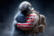 © Peter@studio5 - A soldier embraces a figure wrapped in the American flag, symbolizing protection, patriotism, and emotional support amid a smoky, dark background.
