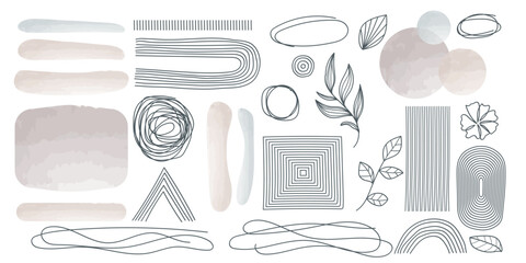 Wall Mural - Set of elements for wall art minimal poster. Scandinavian style hand drawn wall art decor. Abstract line art design elements. Can be used for cover, print, poster, wall decoration.