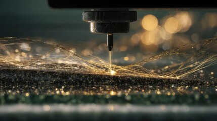 Poster - 3d printer nozzle precisely layering biodegradable clay and hydrogel, with tiny particles reflecting sunlight, creating a mesmerizing effect during the additive manufacturing process