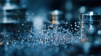 Poster - Numerous water droplets. Reflecting ambient light. Create a mesmerizing spectacle on a surface. Possibly within a scientific laboratory environment. With metallic containers in the blurred background