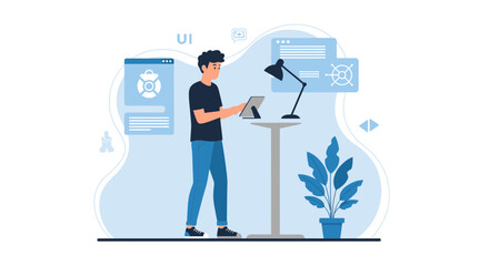 Man Standing Using Tablet While Developing Web Applications On Desk