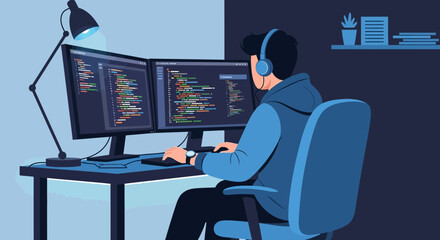 Person Immersed in Coding on Dual Monitors Working At Night