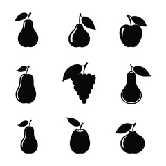 Aufkleber - Black Silhouette Fruit Icons Assortment Pear, Apple and Grapes Vector Illustration
