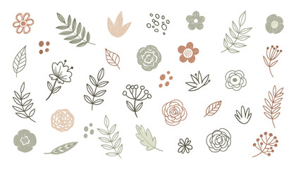 Aufkleber - Botanical Floral Doodle Elements Set, Flowers Leaves Shapes, Pastel Colors, Hand Drawn Style Vector Illustration.