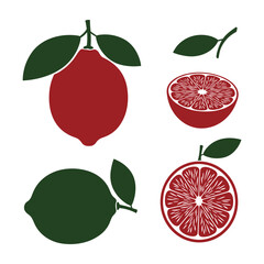 Aufkleber - Citrus Fruits Illustration Set, Whole and Halved with Leaves, Red and Green Color Palette, Vector Illustration.