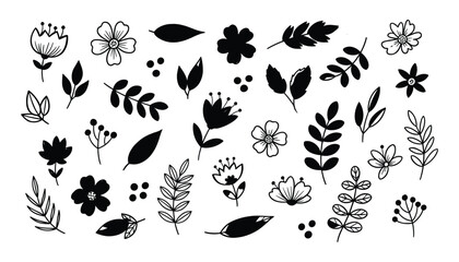 Aufkleber - Floral Doodle Set Black Silhouette Flowers Leaves Botanical Elements Vector Illustration