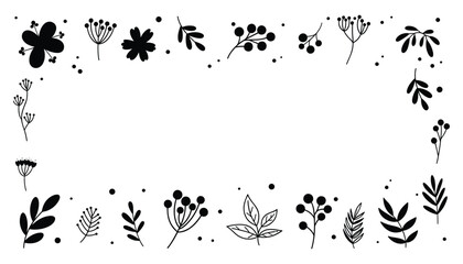 Aufkleber - Floral Frame with Flowers, Leaves and Dots, Decorative Border, Hand Drawn Black Silhouette Vector Illustration