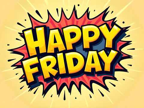 comic style “Happy Friday” text bursting with bold outlines