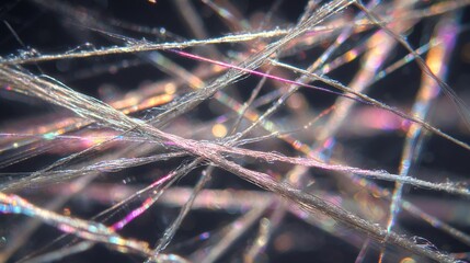 Poster - Microscopic view revealing intertwined spider silk threads, highlighting their structural complexity and sheen formed under sonic vibrations, showcasing nature's intricate design