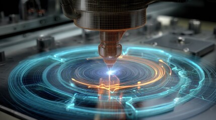 Poster - Futuristic cryofriction stitching machine performing precision alignment and assembly on a rocket nozzle, showcasing advanced manufacturing technology in the aerospace industry