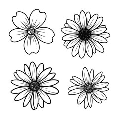 Aufkleber - Set of Four Black and White Flowers in Different Style, Flower Petals, Line Art Style Vector Illustration