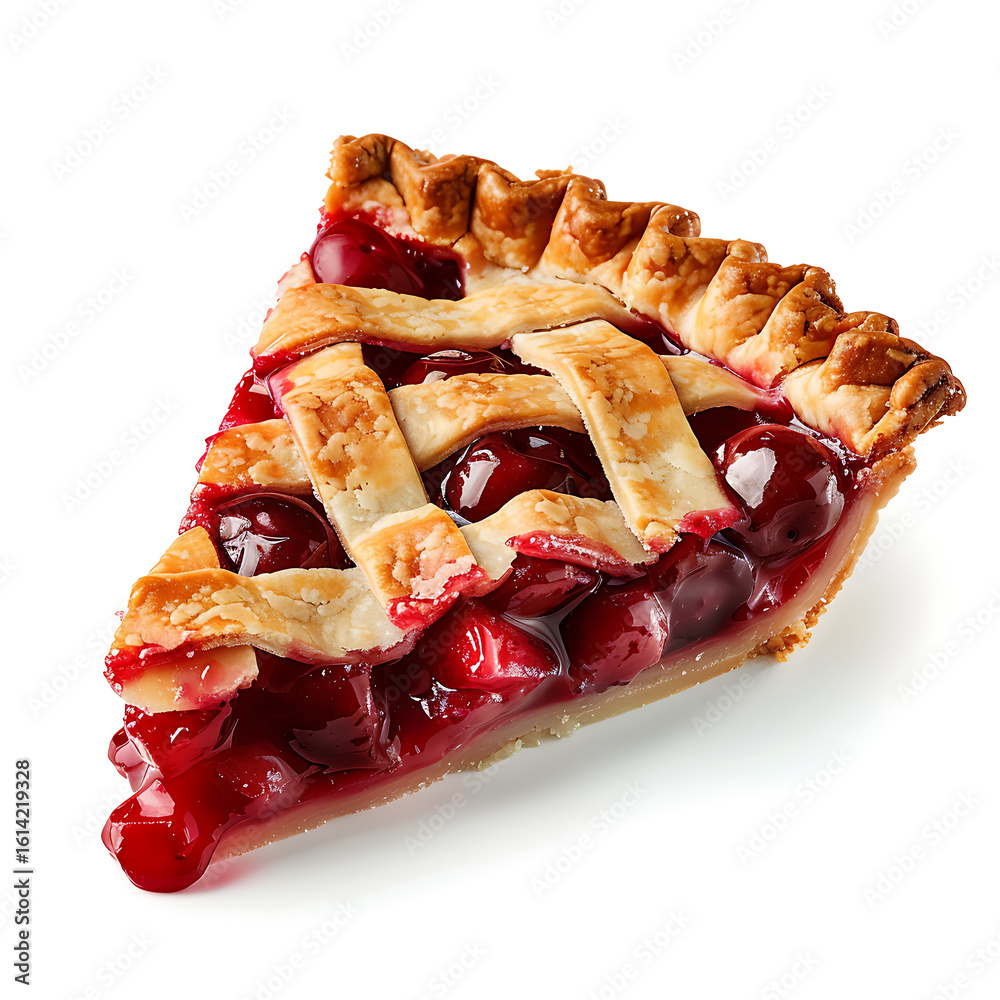 A slice of cherry pie with a lattice crust, showcasing vibrant red ...