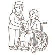 © Pakpong - Caring nurse assisting elderly woman wheelchair, conveying warmthline art illustration