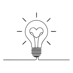 Poster - Heart shaped light bulb with rays, drawn in a single continuous line, love concept