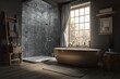 © happy - Light bathroom interior with douche and bathtub near window, mockup. High quality
