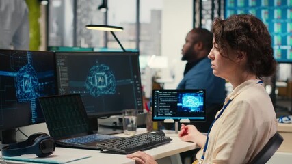 Poster - Office administrator checking monthly reports with AI analytics platform, employing neural networks algorithms and automation for business productivity. IT company representative at work. Camera B.