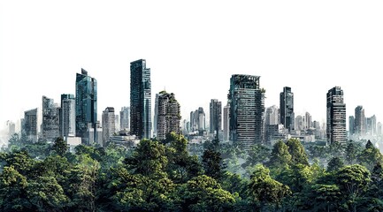 Bangkok skyline with modern skyscrapers and lush green trees in the foreground, isolated on white background. Cityscape concept. High quality