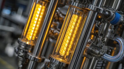 Aufkleber - Gleaming metallic parts of industrial equipment intertwine with glowing tubing, indicating the production of oxygen using vacuum swing adsorption technology