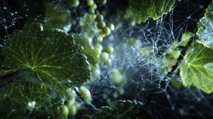 Poster - Soft light illuminating the intricate interface where soft robot technology merges with an organic plant, revealing the surface texture of a grafting site