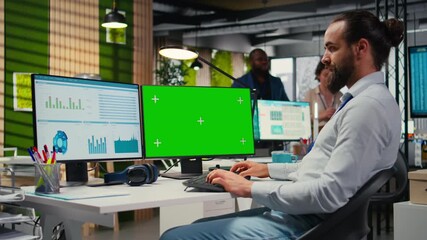 Poster - Business manager working on report writing next to chroma key screen, reviewing data analytics in the office. Specialist building a business strategy with vision, planning progress. Camera A.