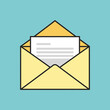 © kasmaran - Yellow open envelope with white letter on a light blue background.