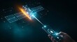 © mikael - QFS satellite connection. A holographic satellite sends a single beam of light to a smartphone, symbolizing a global and independent network.