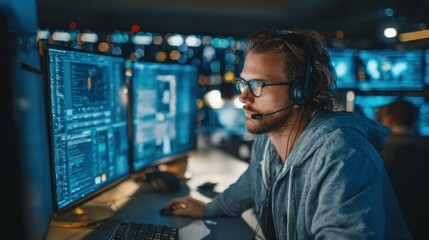 Poster - Focused information security analyst detects and assesses potential cyber threats using advanced software tools in a collaborative security operations center environment.