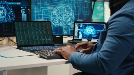 Poster - Black man IT expert handles neural networks systems for data forecasting, combining AI automation tools with digitalization to drive multinational company efficiency and innovation. Camera B.