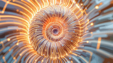 Poster - Abstract digital circuitry design with glowing orange and blue spiraling elements.