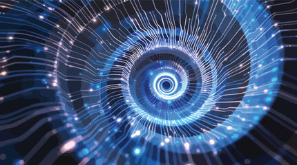 Poster - Abstract digital spiral of glowing lines and dots representing technological connectivity.