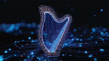 Poster - Digital circuitry harp conceptualizing technology music and modern innovation in a futuristic design.