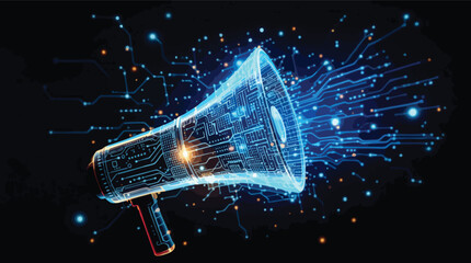 Poster - Digital marketing amplification abstract visualization of electronic circuitry megaphone announcement.