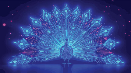 Poster - Digital peacock displaying circuit board tail against a dark blue background illuminated by glowing lines.