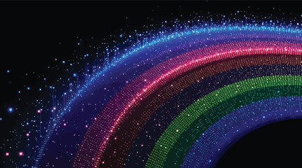 Poster - Digital rainbow artwork composed of glowing dots against a dark background creating abstract shapes.