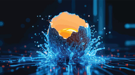 Poster - Digital revolution conceptualized a cracked egg with circuit board designs and water splash.