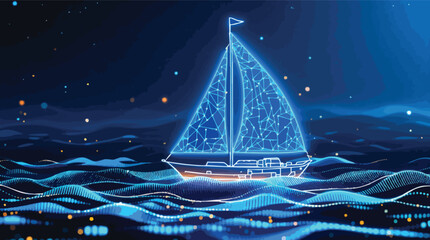 Poster - Digital sailboat navigating the technological ocean with bright connections and futuristic design.