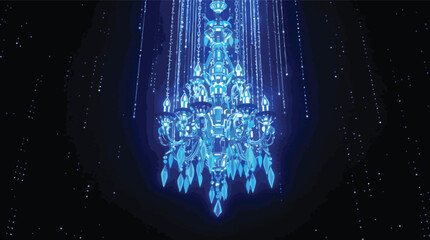 Poster - Elegant blue chandelier illuminated against a dark background with sparkling light effects.