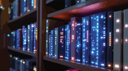 Poster - Futuristic digital bookshelf with glowing circuitry on the spines representing information and data.