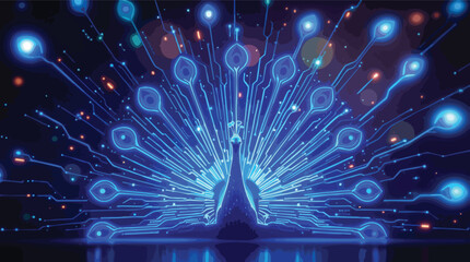Poster - Elegant peacock formed by circuit board style lines and illuminated in vibrant neon blue.