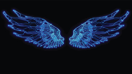 Poster - Futuristic technological angel wings in electric blue glowing against a black background.