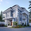 © ariya - Modern, light-gray, 3-story home with large windows and balconies
