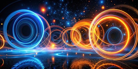 Wall Mural - Abstract cosmic swirls of vibrant energy, luminous rings and glowing trails illuminate a dark expanse